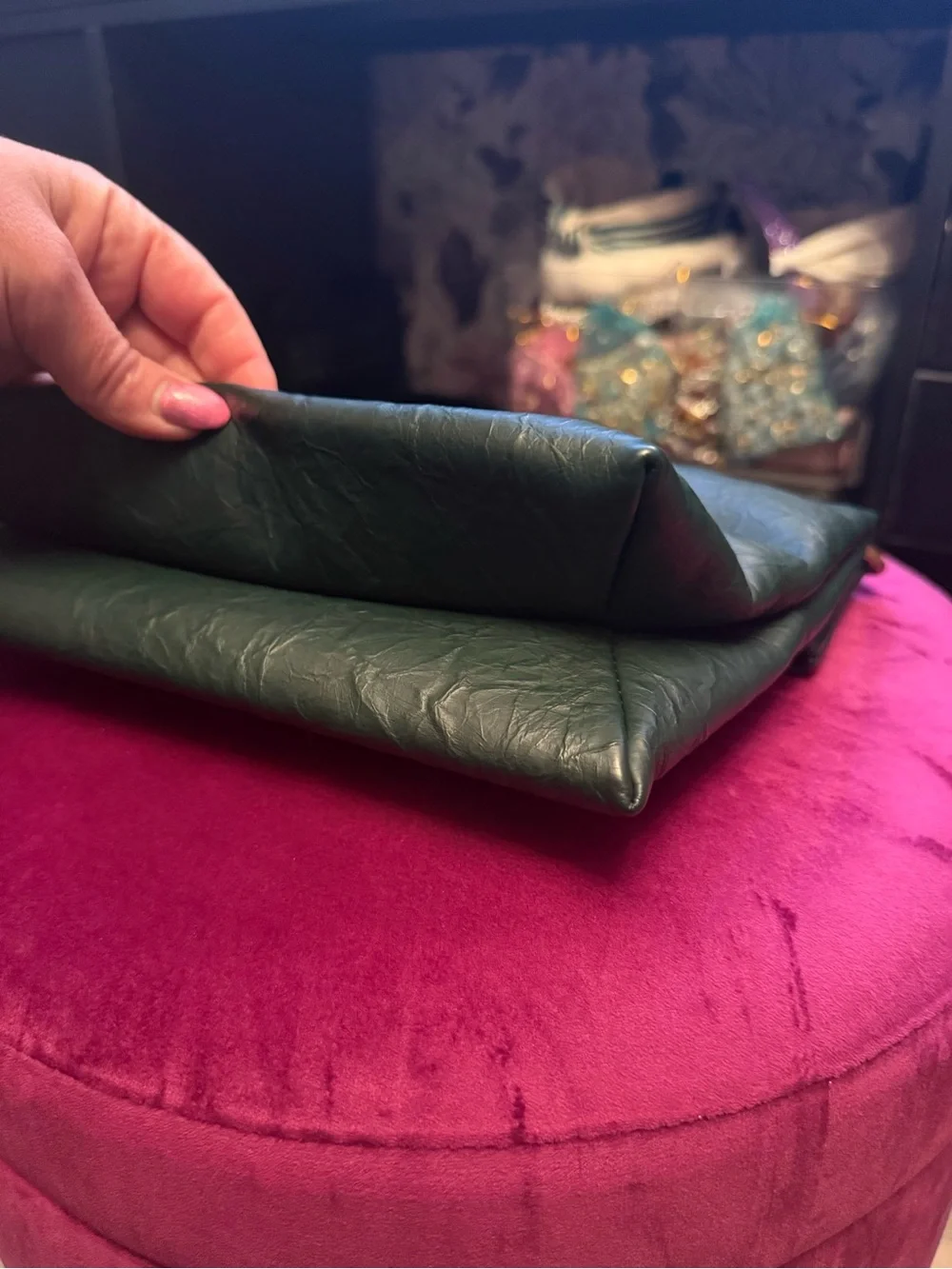 Anthropologie Dark Green Fold-Over Crossbody with Gold Chain Strap - Picture 6 of 11